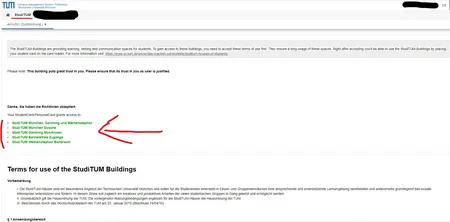 Grüne Liste der Zugangsberechtigungen bei den Nutzungsbedingungen in TUMOnline